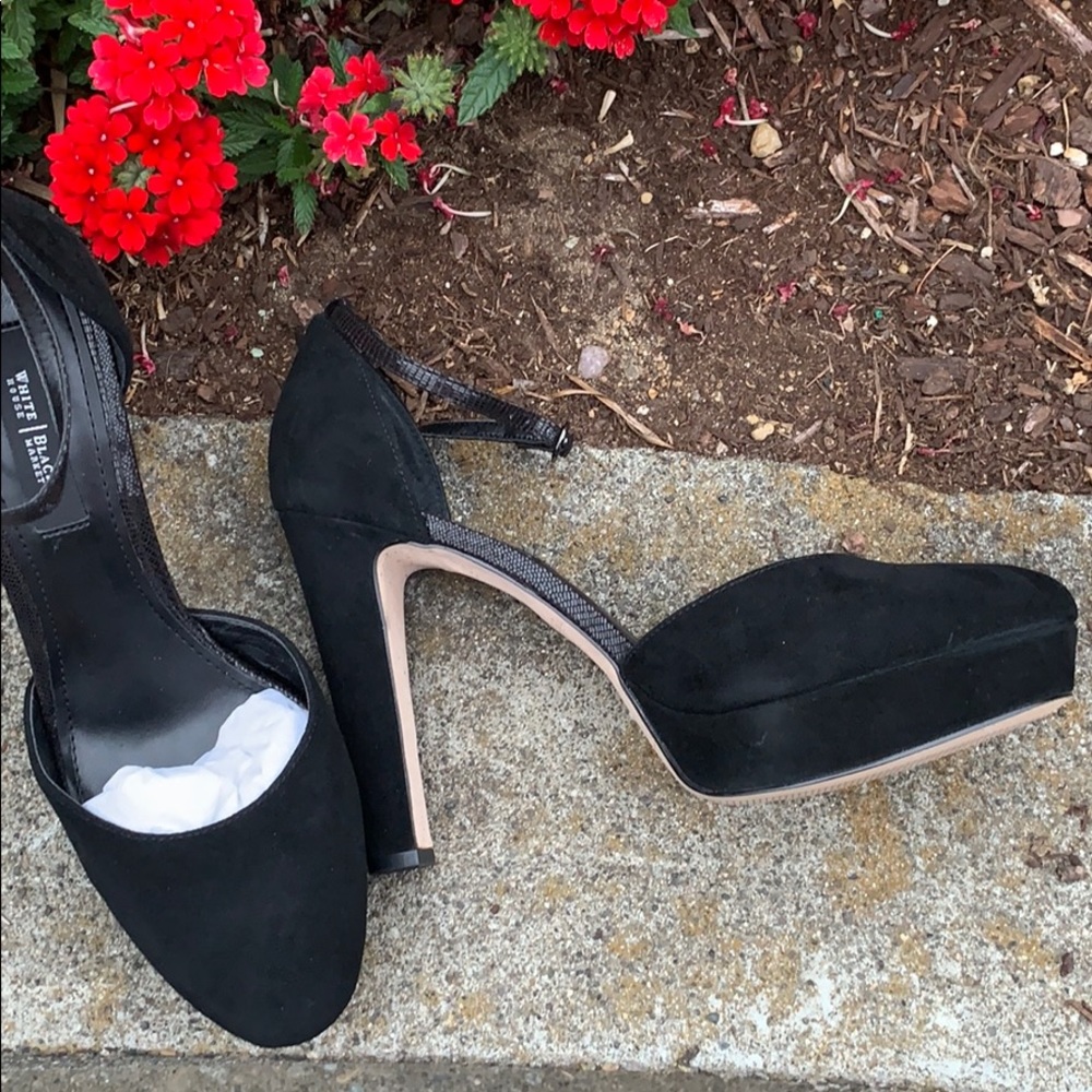 WHBM BLACK SUEDE PLATFORM HEEL.